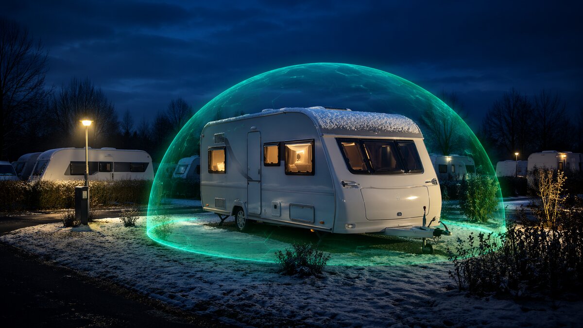 Wohnwagen mit Argus Schutzschild